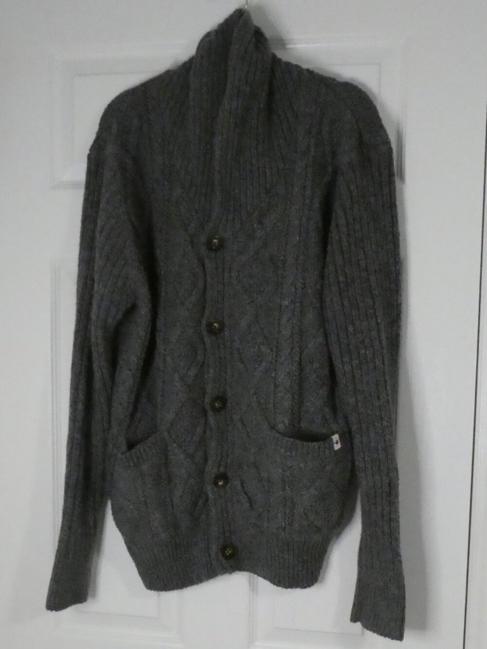 CANADIANA Men's Grey Cable Knit Shawl Collar Cardigan Sweater - Size Large